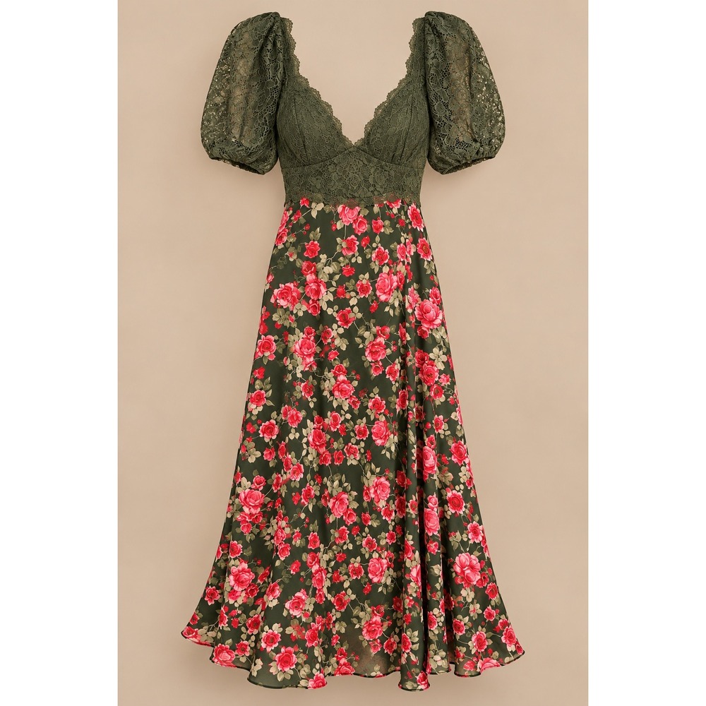 Arula Womens Maxi Dress 1X A Green Red Floral Lace Clydie Puff Sleeve Sweetheart